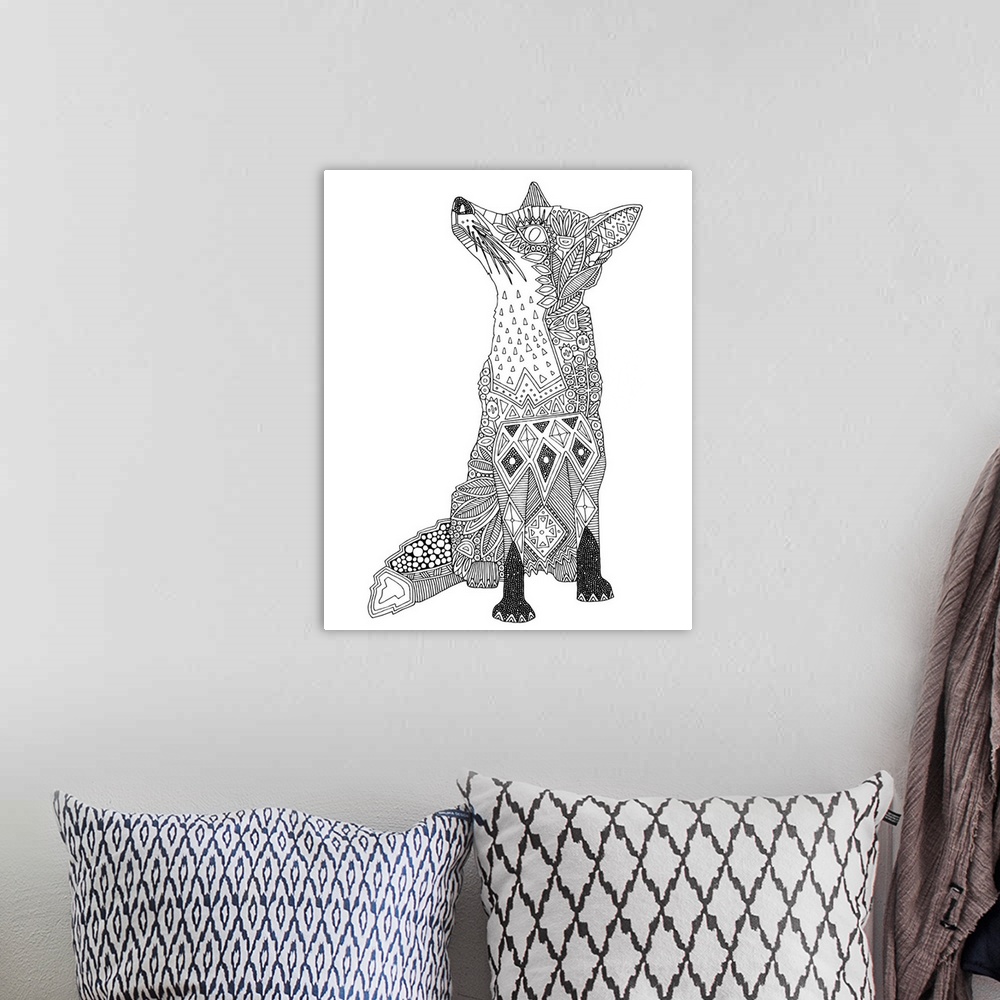 A bohemian room featuring Illustration of a fox with geometric patterns.