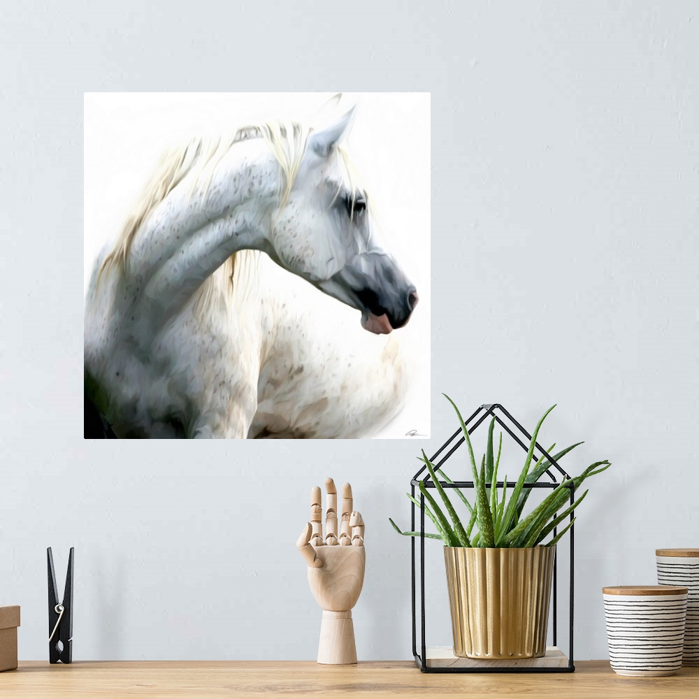 A bohemian room featuring Contemporary painting of a white horse looking proud and majestic.