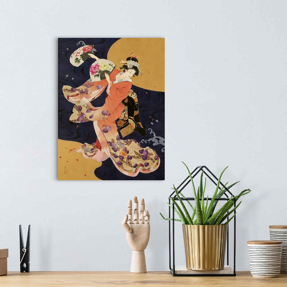 A bohemian room featuring Contemporary colorful Asian art of a Geisha in beautiful ornate clothing.