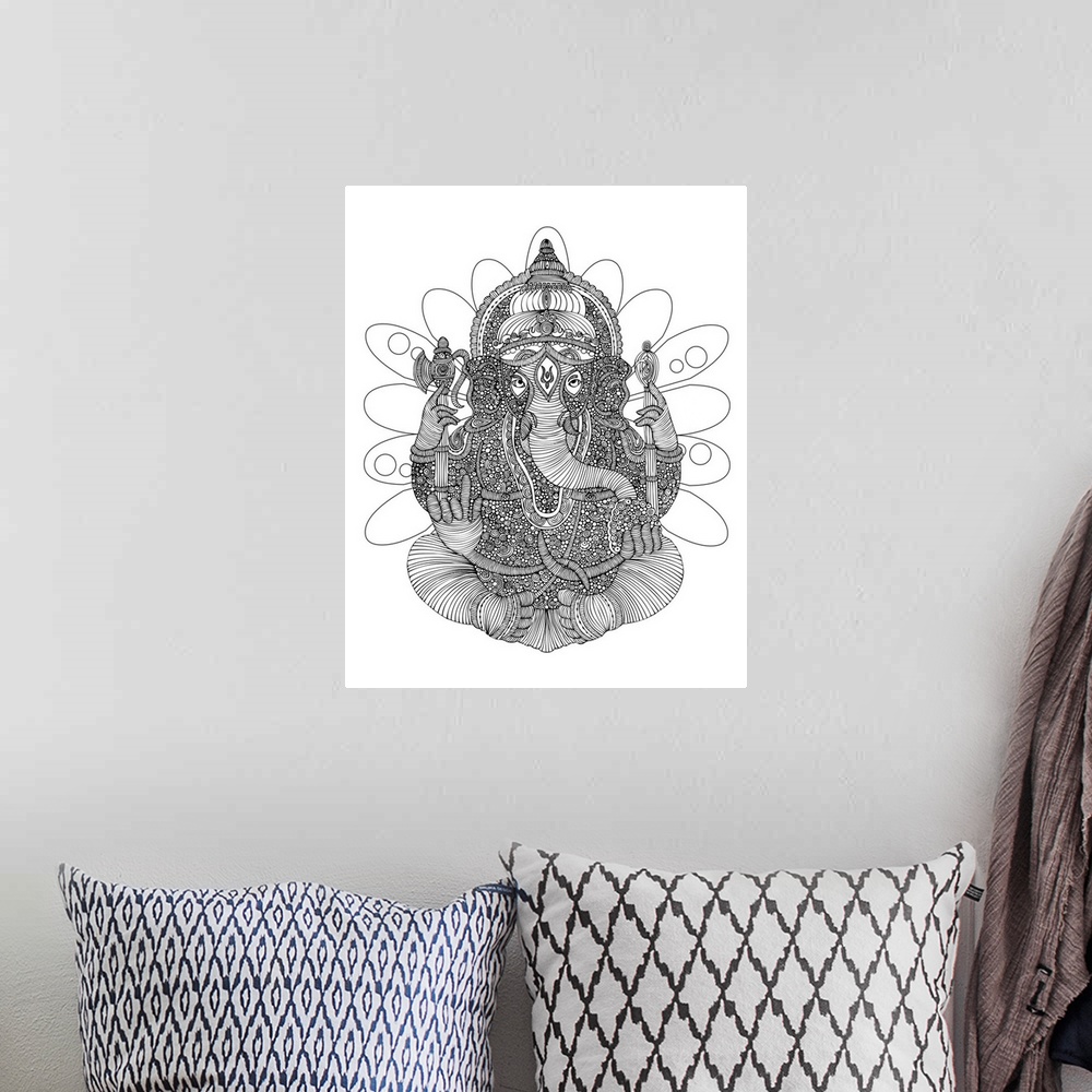 A bohemian room featuring Contemporary line art of the Hindu god Ganesh intricately patterned against a white background.