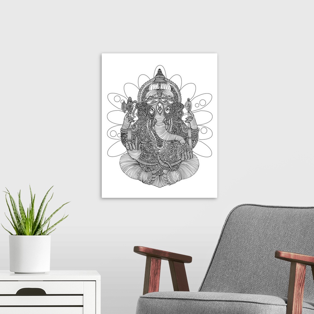 A modern room featuring Contemporary line art of the Hindu god Ganesh intricately patterned against a white background.