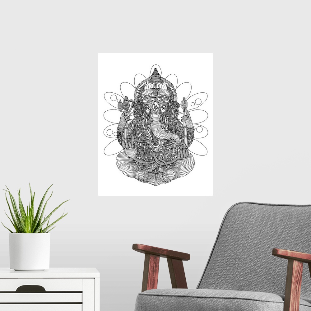 A modern room featuring Contemporary line art of the Hindu god Ganesh intricately patterned against a white background.