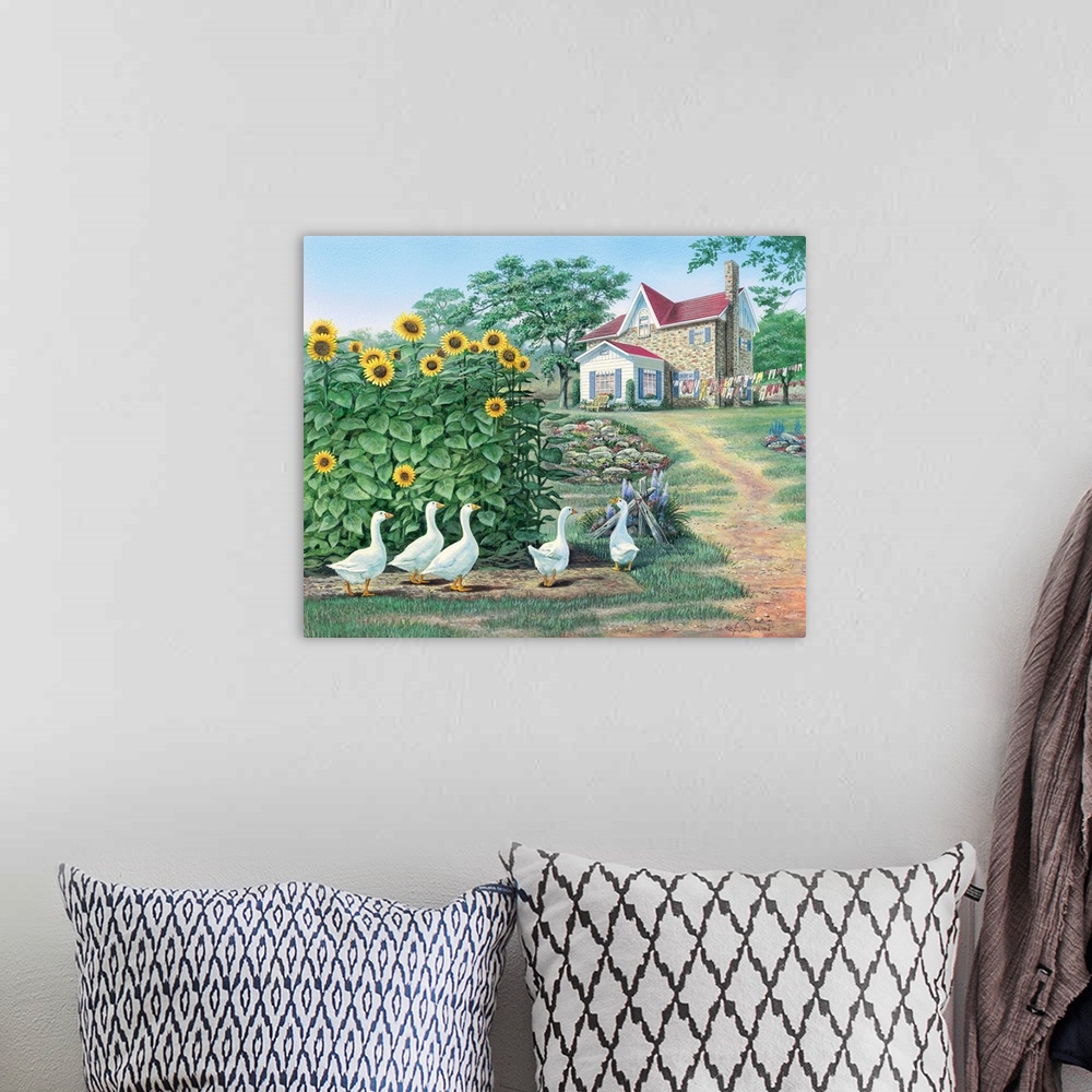 A bohemian room featuring Contemporary painting of a gaggle of geese near a patch of tall sunflowers.