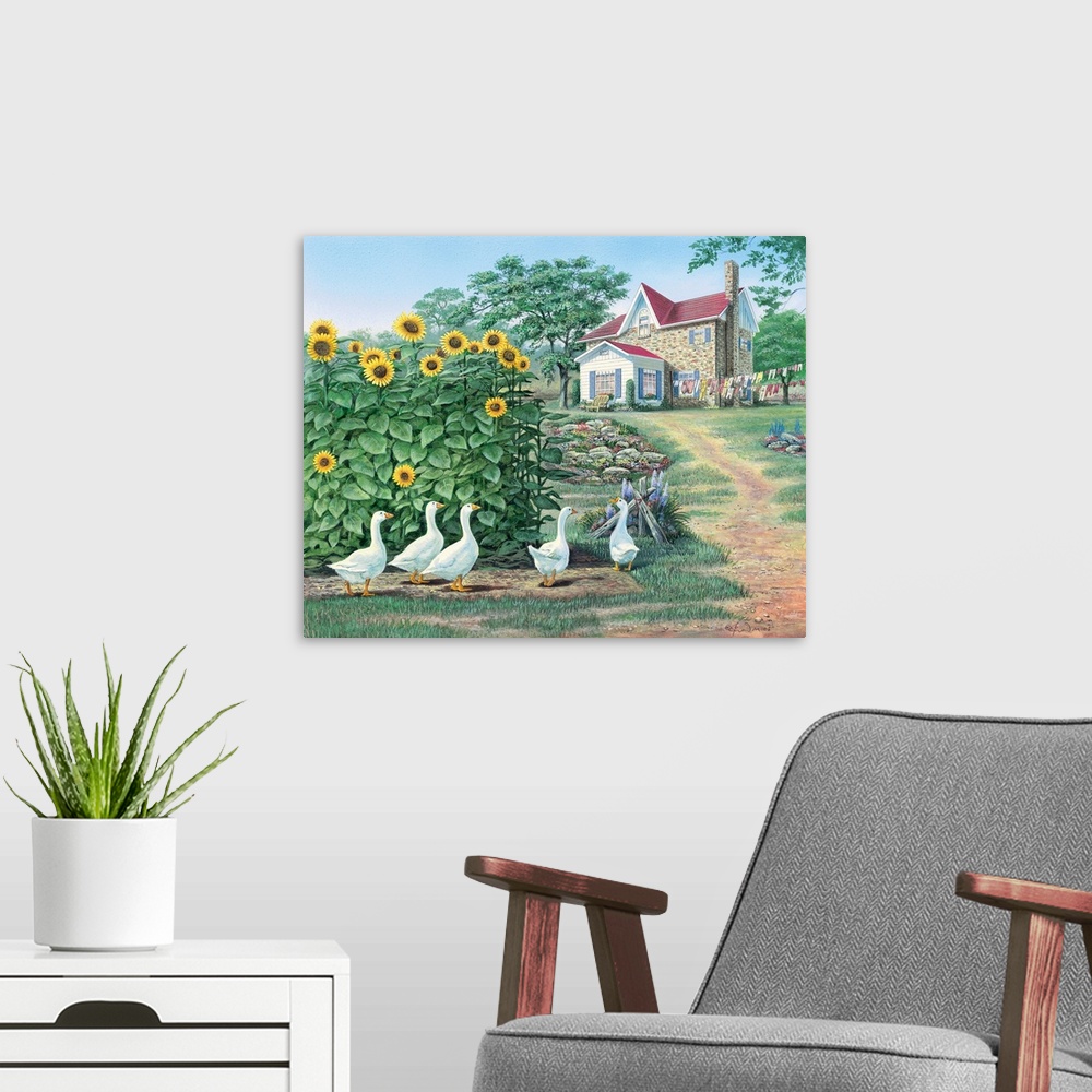 A modern room featuring Contemporary painting of a gaggle of geese near a patch of tall sunflowers.