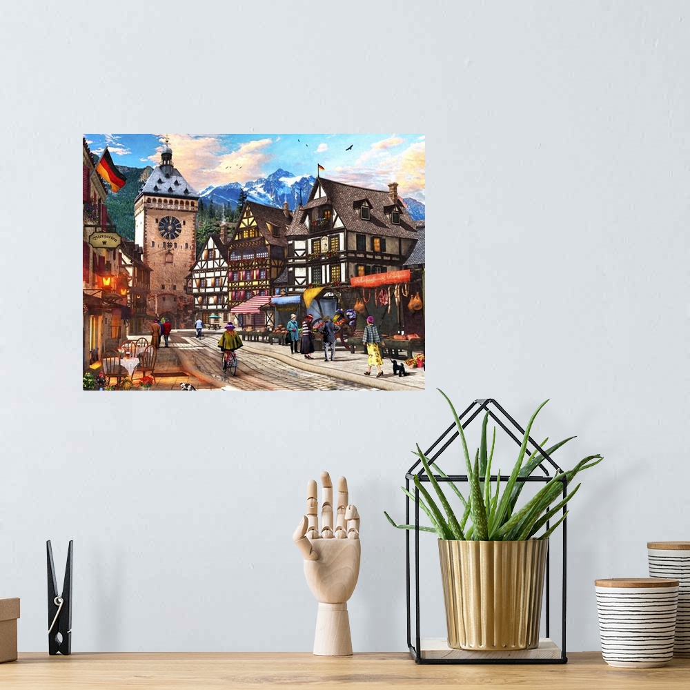 A bohemian room featuring Illustration of a market town somewhere in the Alps.
