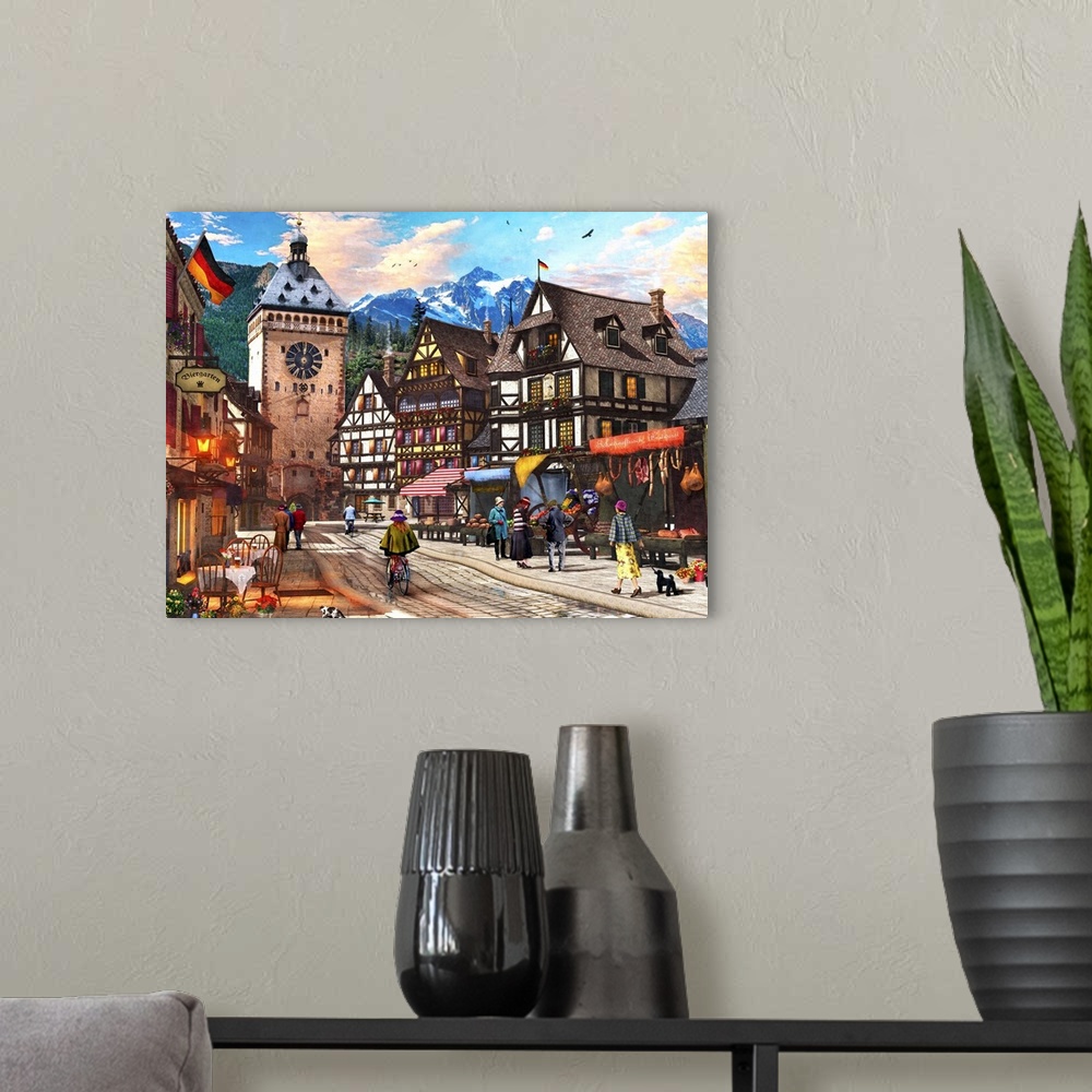 A modern room featuring Illustration of a market town somewhere in the Alps.