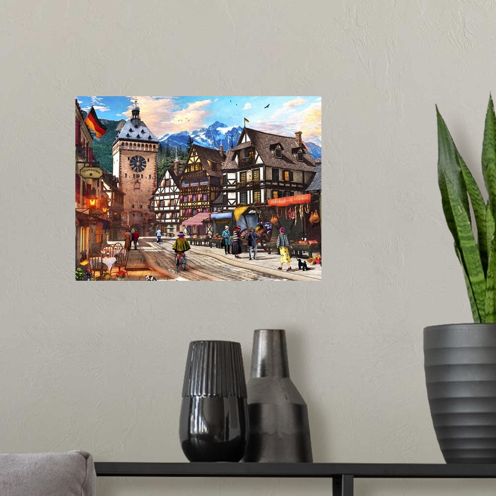 A modern room featuring Illustration of a market town somewhere in the Alps.