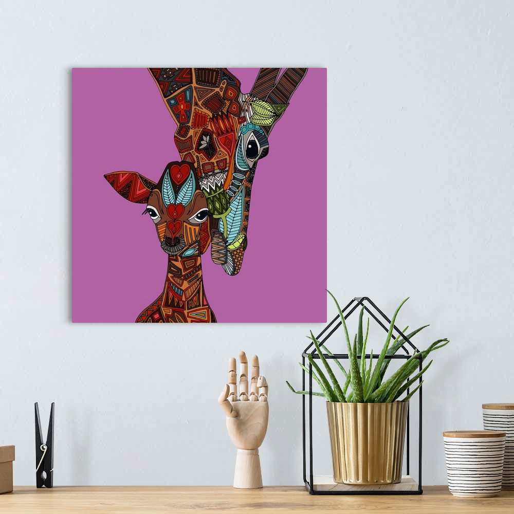 A bohemian room featuring Illustrated mother and baby giraffe