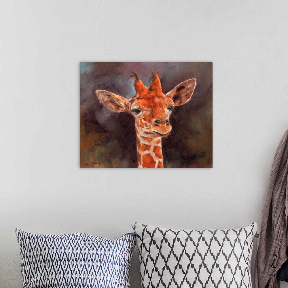 A bohemian room featuring Contemporary painting of a giraffe looking at something.