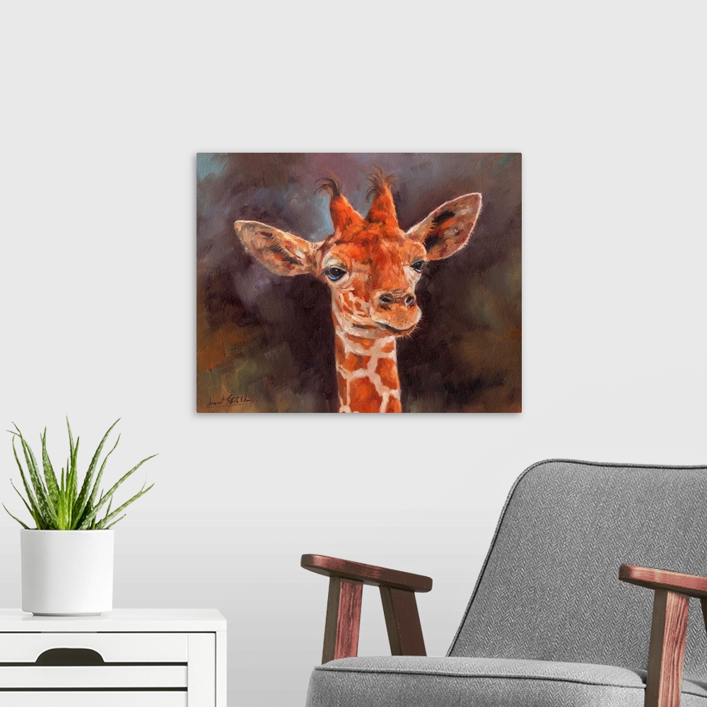 A modern room featuring Contemporary painting of a giraffe looking at something.