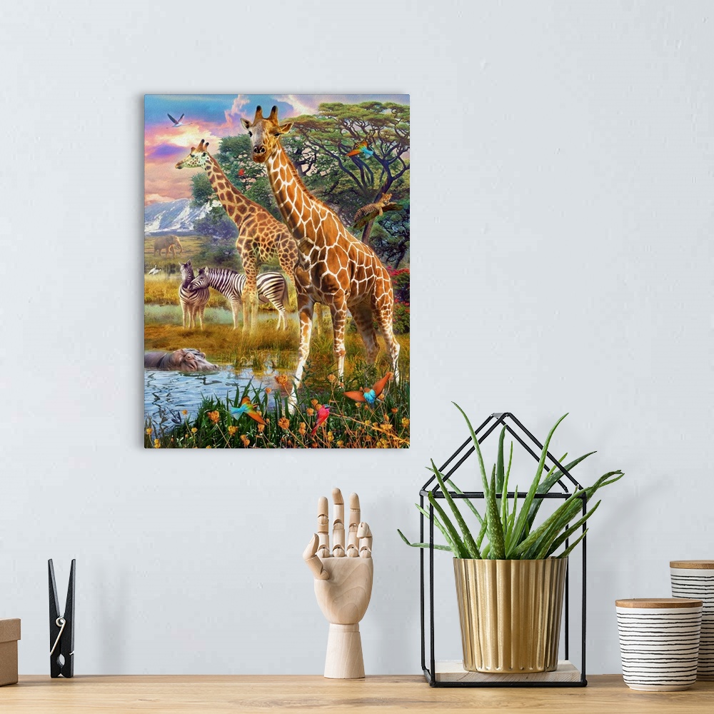 A bohemian room featuring Illustration of giraffes, zebras, and other African animals by the drinking hole.