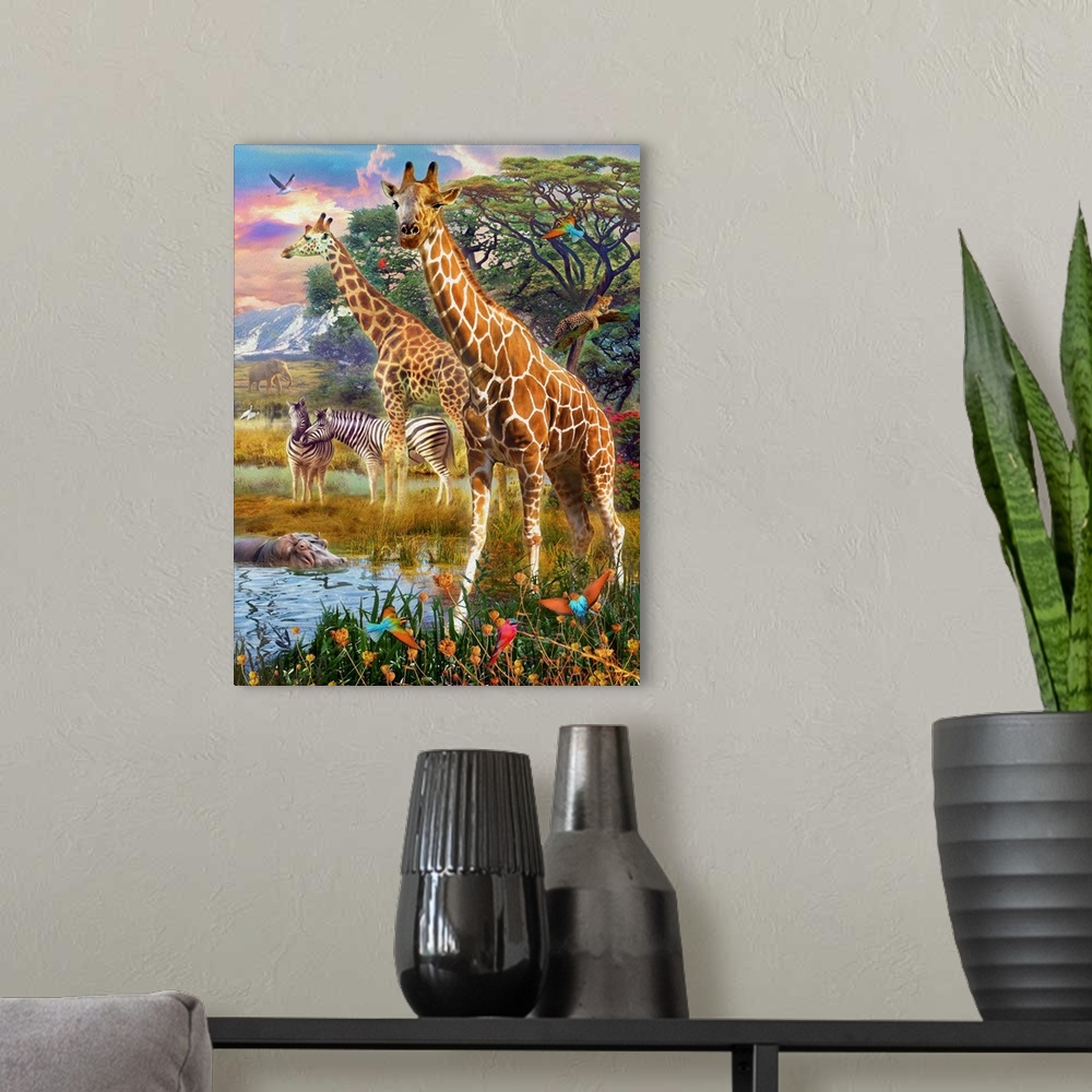 A modern room featuring Illustration of giraffes, zebras, and other African animals by the drinking hole.