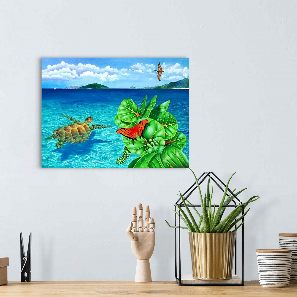 A bohemian room featuring Tropical themed artwork of a sea turtle swimming in crystal blue water, with a bright butterfly o...