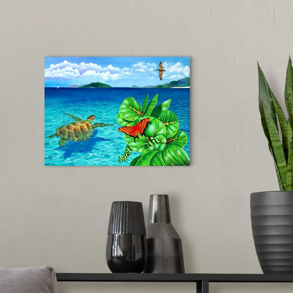 A modern room featuring Tropical themed artwork of a sea turtle swimming in crystal blue water, with a bright butterfly o...