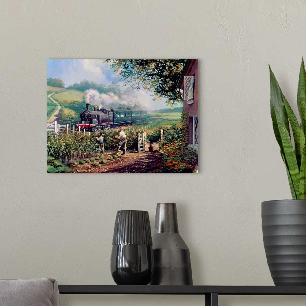 A modern room featuring Contemporary painting of a train traveling through a rural landscape.