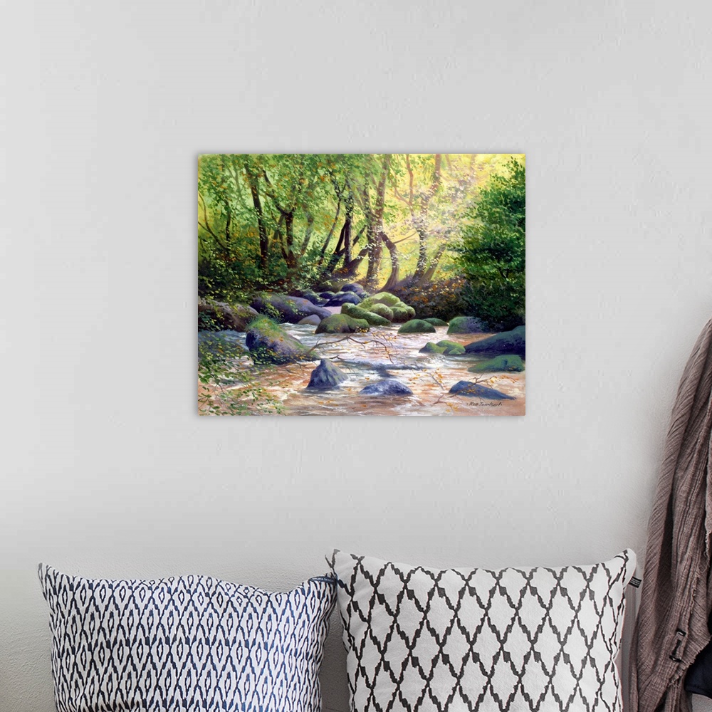 A bohemian room featuring Contemporary artwork of a forest river clearing illuminated by the suns glow.