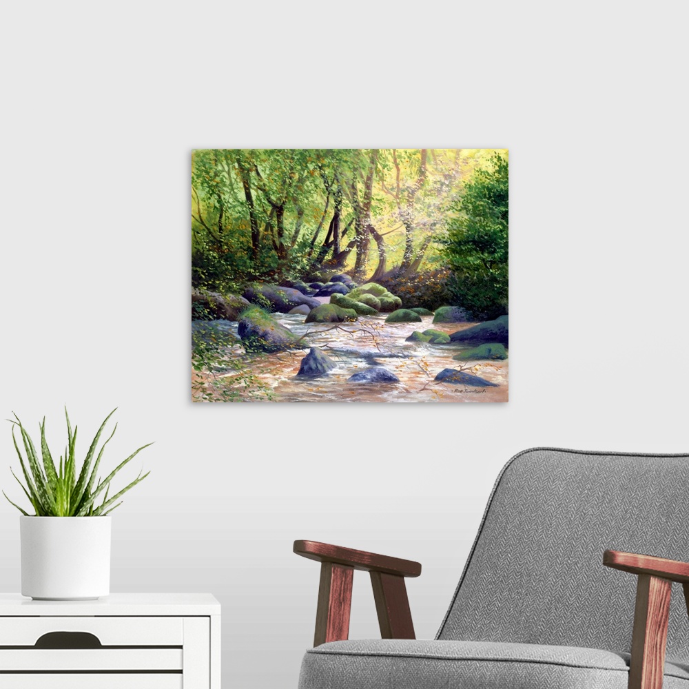 A modern room featuring Contemporary artwork of a forest river clearing illuminated by the suns glow.