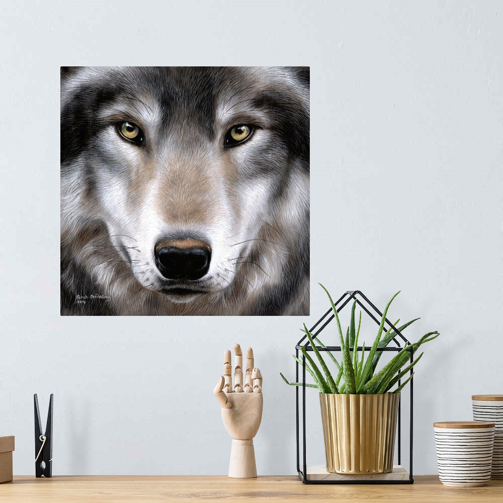 A bohemian room featuring Oil painting of a close up of a Grey wolf.
