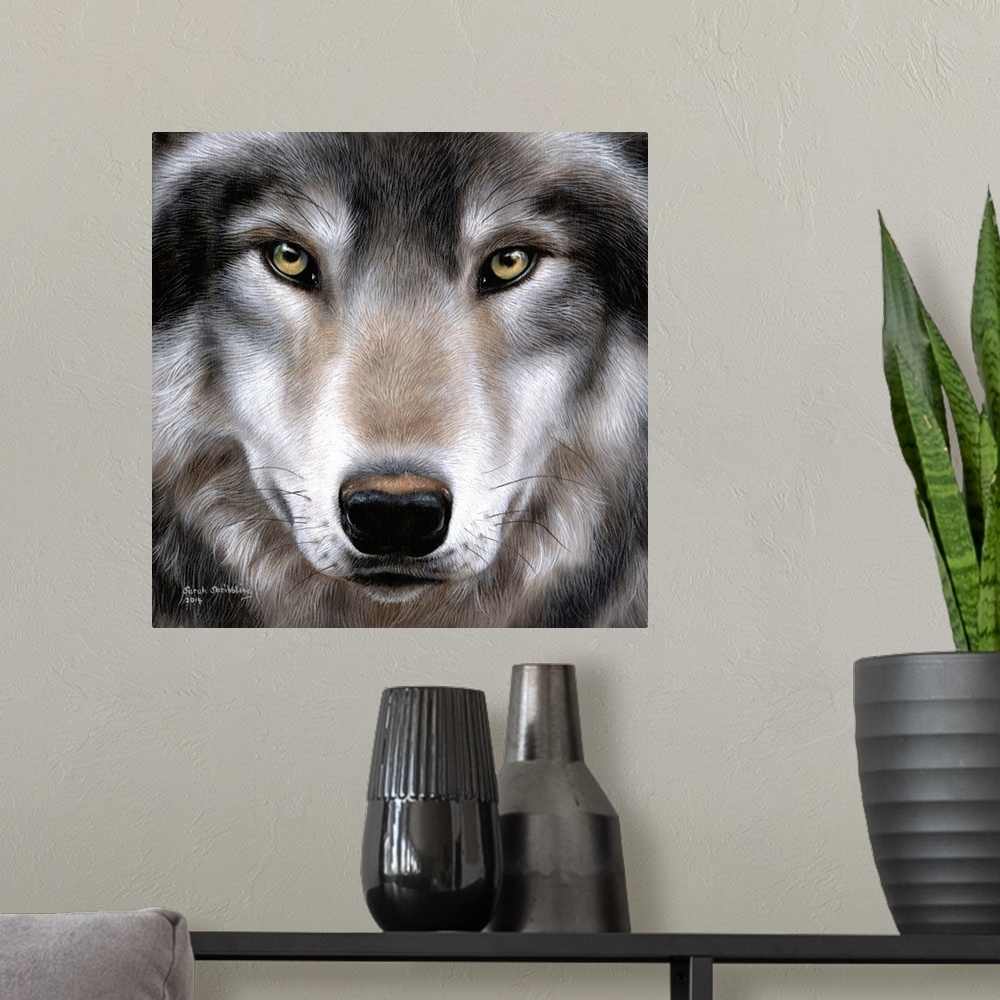 A modern room featuring Oil painting of a close up of a Grey wolf.