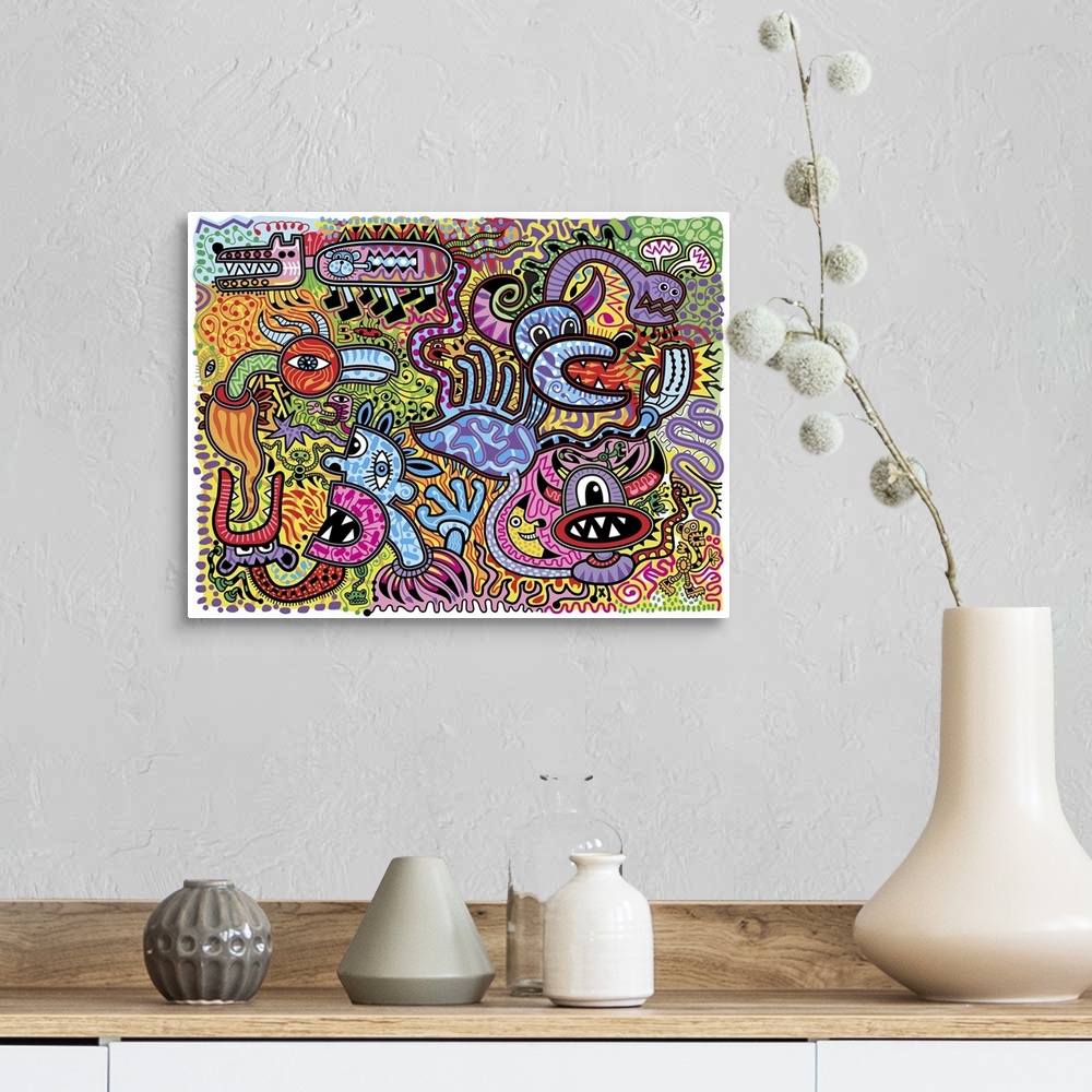 A farmhouse room featuring Contemporary mural artwork of monsters and other abstract figures in a confusion of colors and pa...