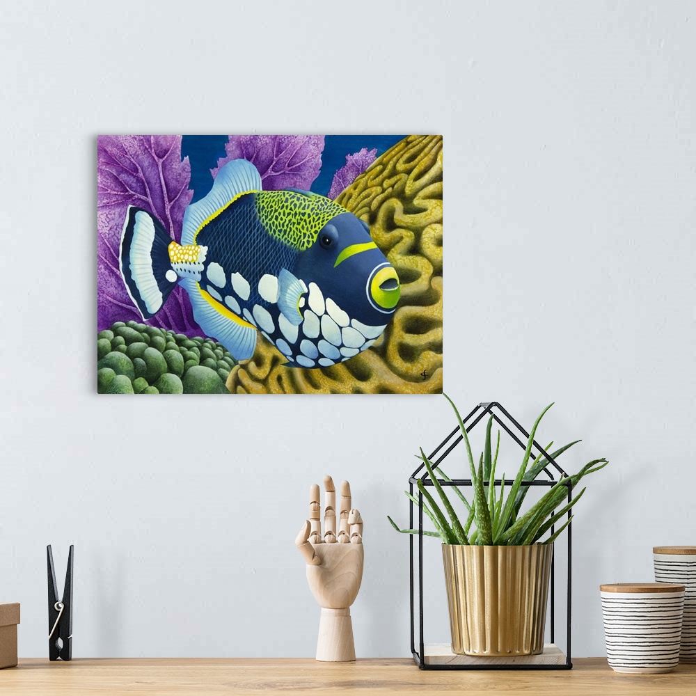 A bohemian room featuring Contemporary painting of a large blue and green fish surrounded by coral reefs.