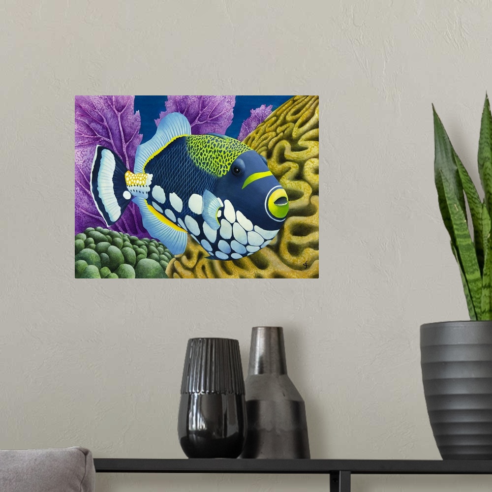 A modern room featuring Contemporary painting of a large blue and green fish surrounded by coral reefs.