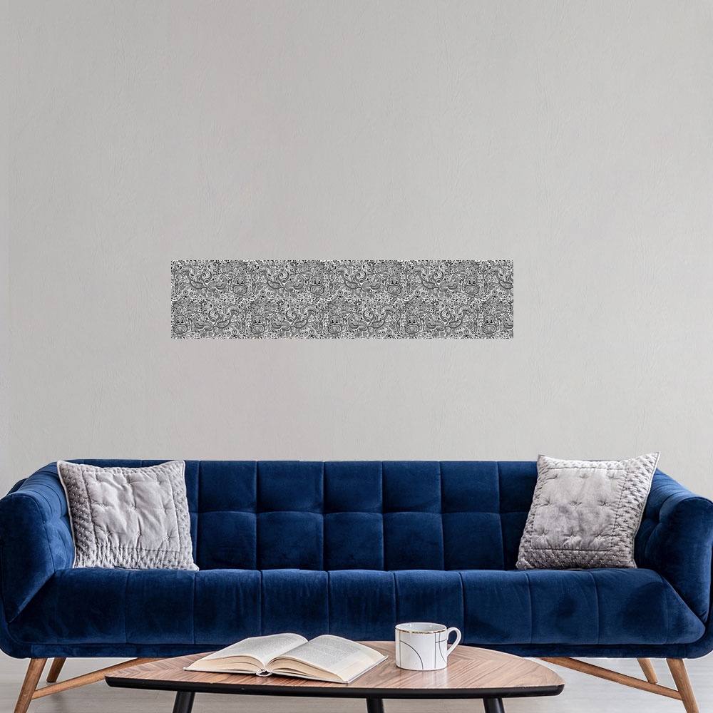 A modern room featuring Contemporary mural artwork of monsters and other abstract figures in a confusion of monochromatic...
