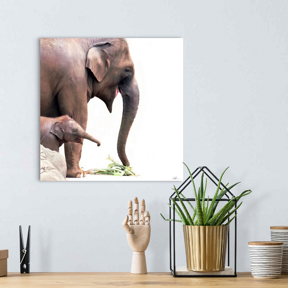 A bohemian room featuring Contemporary animal art of a baby elephant standing beside its mother.