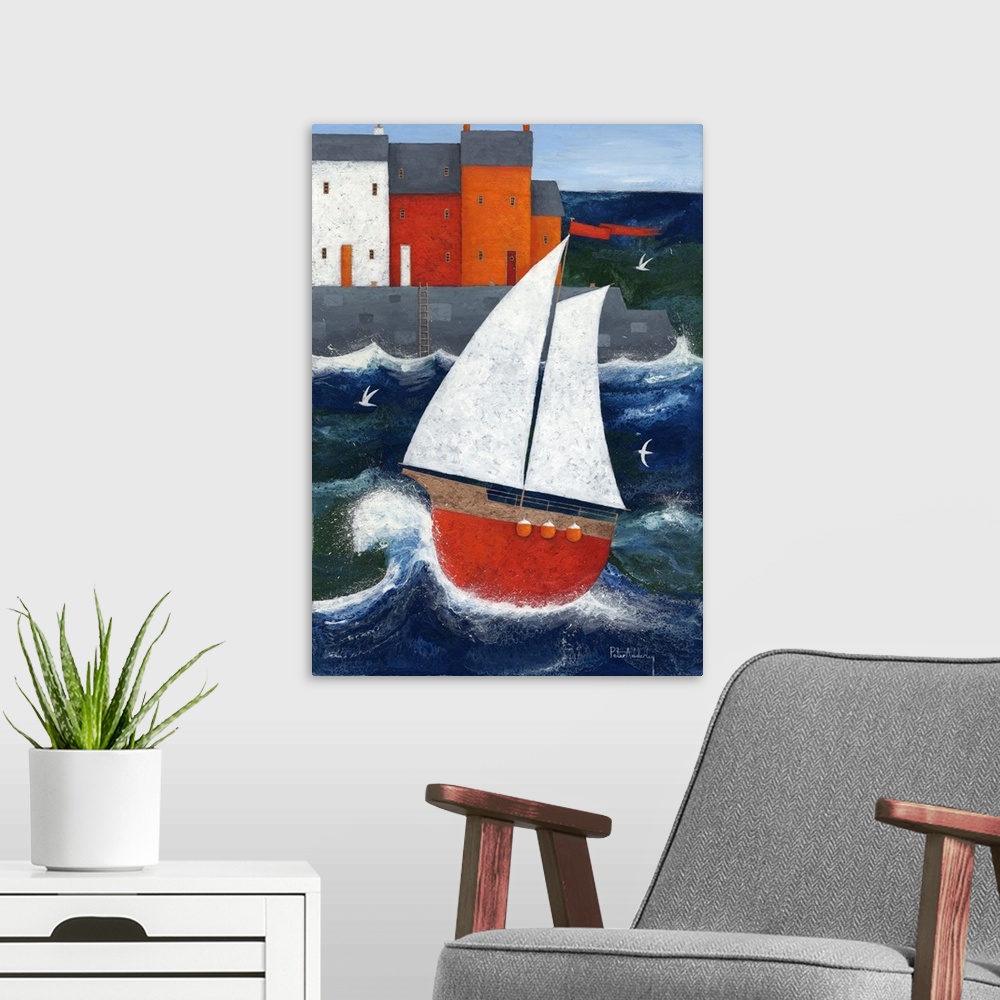 A modern room featuring Contemporary painting of a red sailboat on rough seas close to shore at a harbor town.