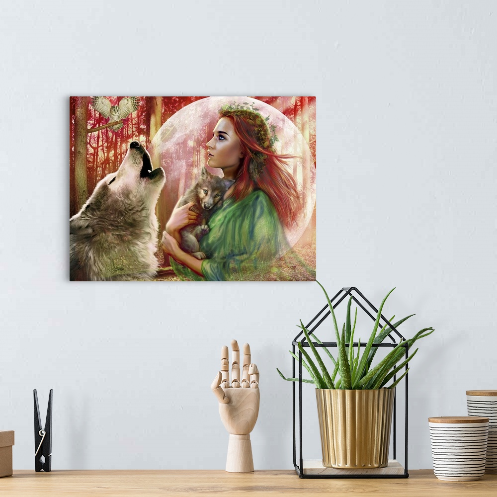 A bohemian room featuring Fantasy art work of a red haired woman with ivy in her hair in a forest holding a wolf cub as an ...