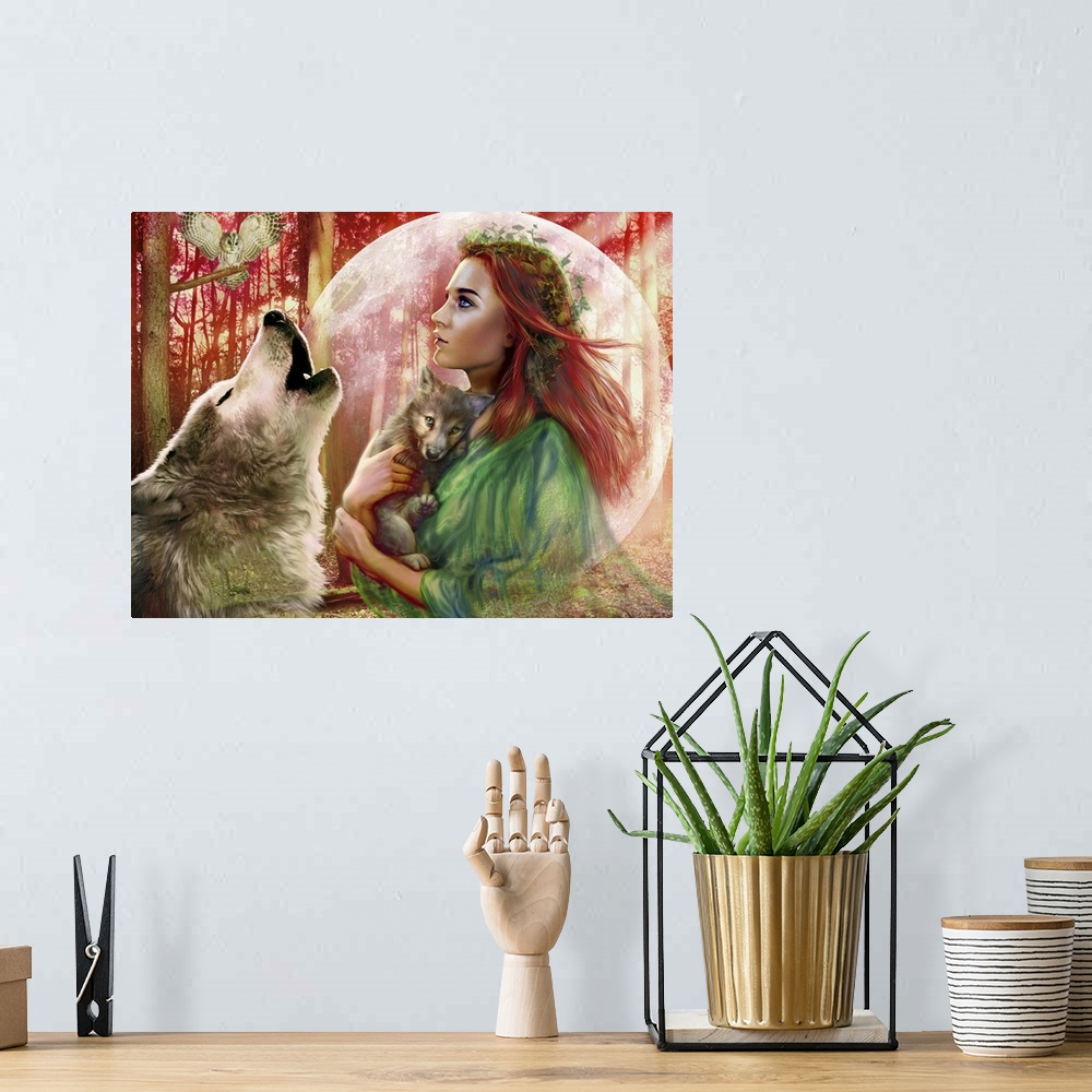 A bohemian room featuring Fantasy art work of a red haired woman with ivy in her hair in a forest holding a wolf cub as an ...