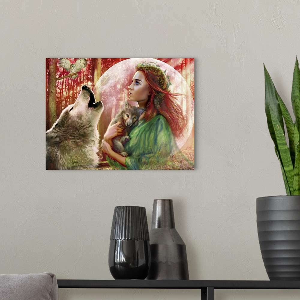 A modern room featuring Fantasy art work of a red haired woman with ivy in her hair in a forest holding a wolf cub as an ...