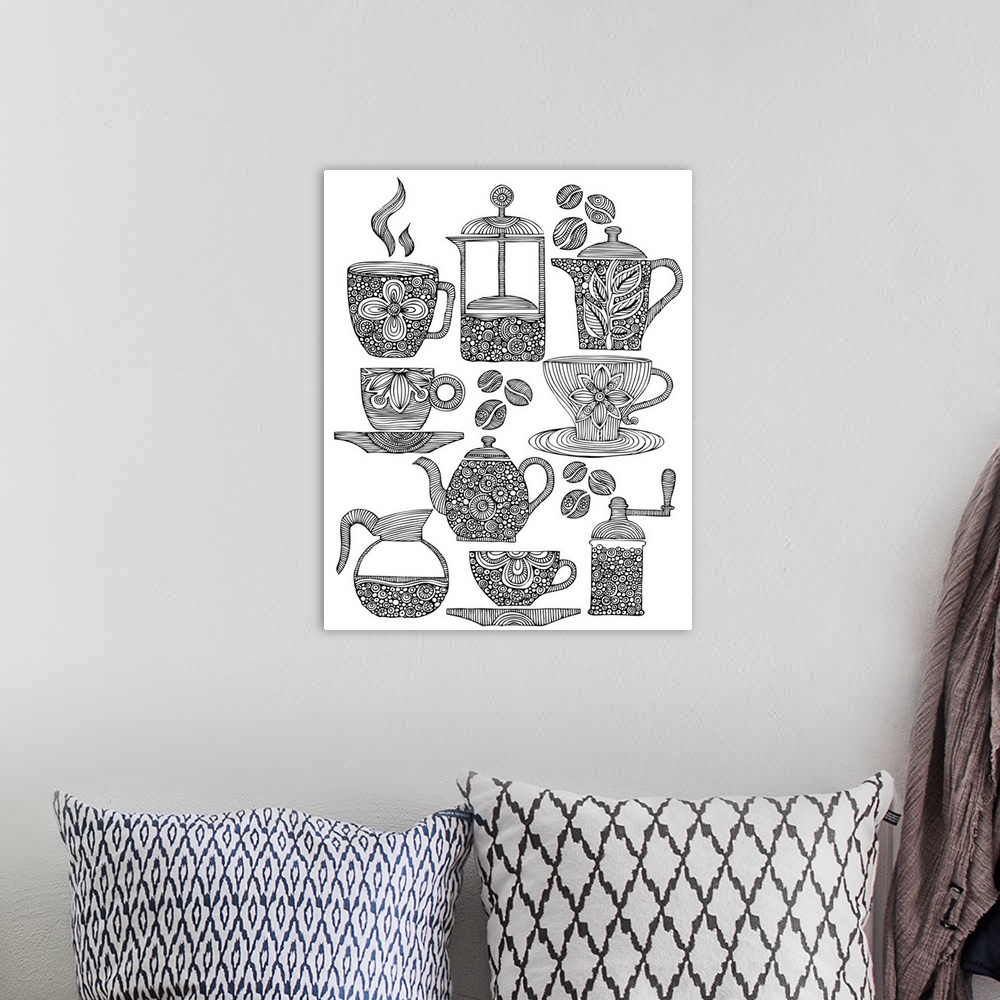 A bohemian room featuring Contemporary line art of coffee cups and brewers with intricate designs in them against a white b...