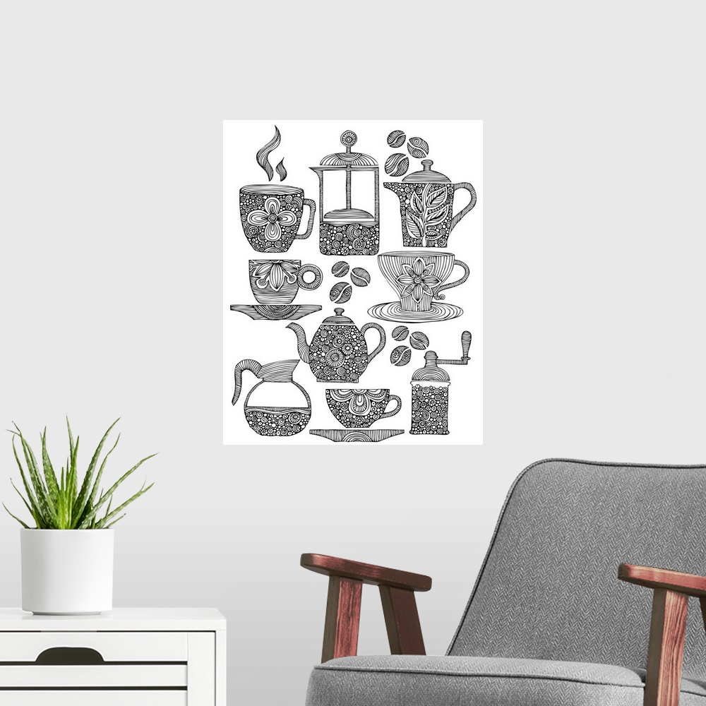 A modern room featuring Contemporary line art of coffee cups and brewers with intricate designs in them against a white b...