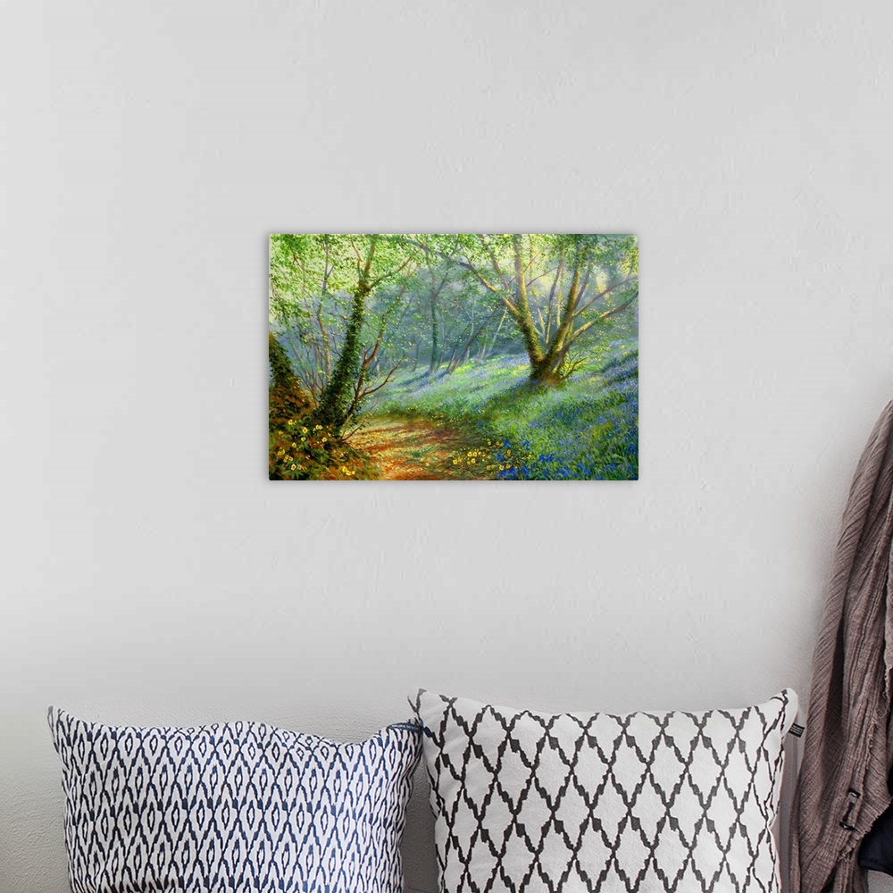 A bohemian room featuring Contemporary painting of a path in a lush forest.