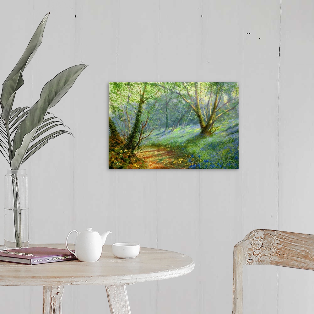 A farmhouse room featuring Contemporary painting of a path in a lush forest.