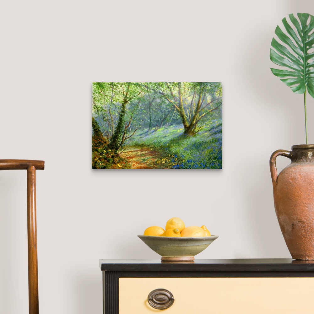 A traditional room featuring Contemporary painting of a path in a lush forest.