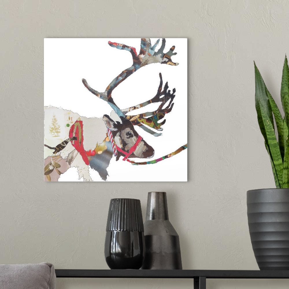A modern room featuring Square artwork of a reindeer in a collage style outlined in stitches.