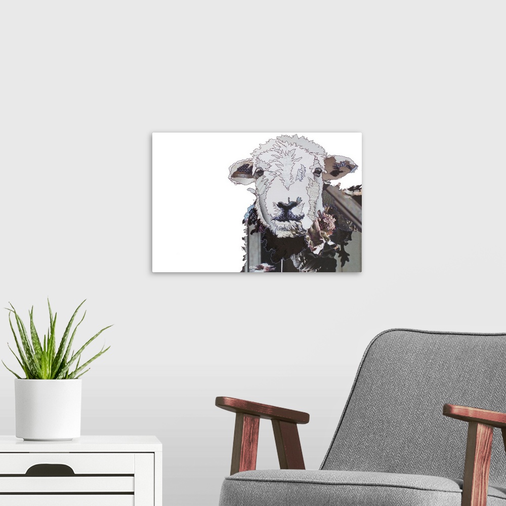 A modern room featuring Horizontal artwork of a sheep in a collage style outlined in stitches.