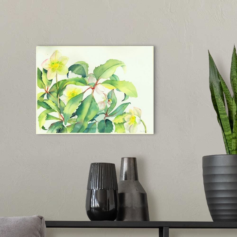 A modern room featuring Contemporary watercolor painting of vibrant colorful flowers.