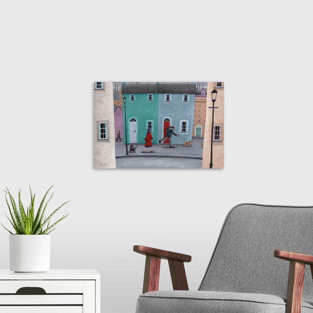 A modern room featuring Contemporary painting of a town folk walking their dogs and saying hello.