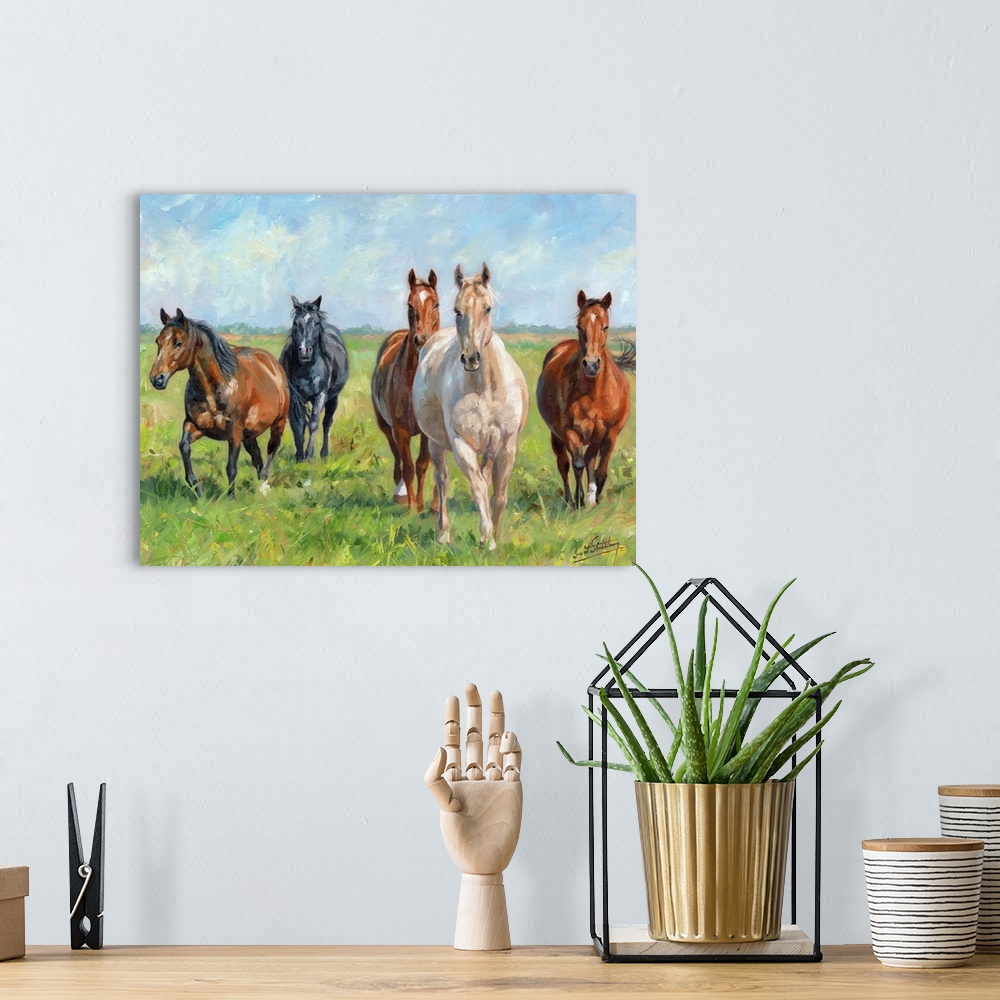A bohemian room featuring Contemporary painting of a small group of horses in a lush green field.