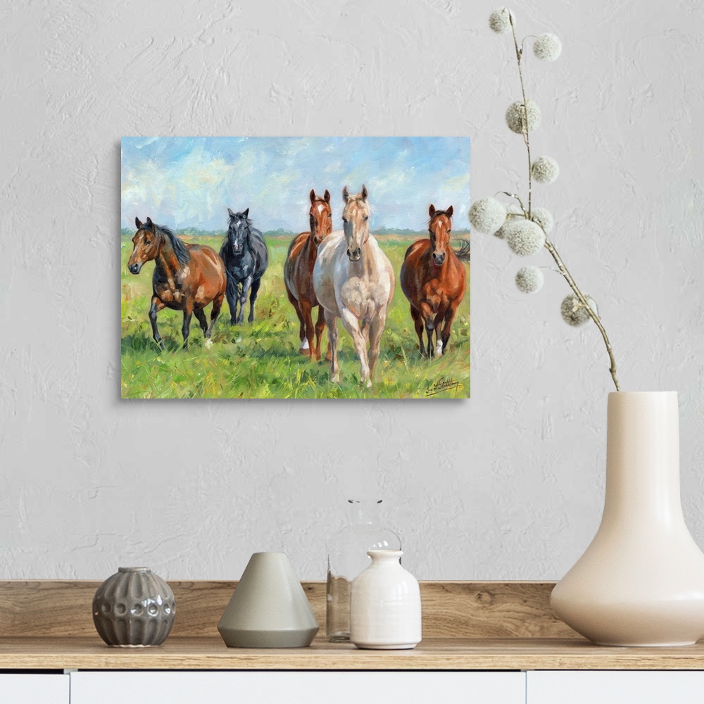 A farmhouse room featuring Contemporary painting of a small group of horses in a lush green field.