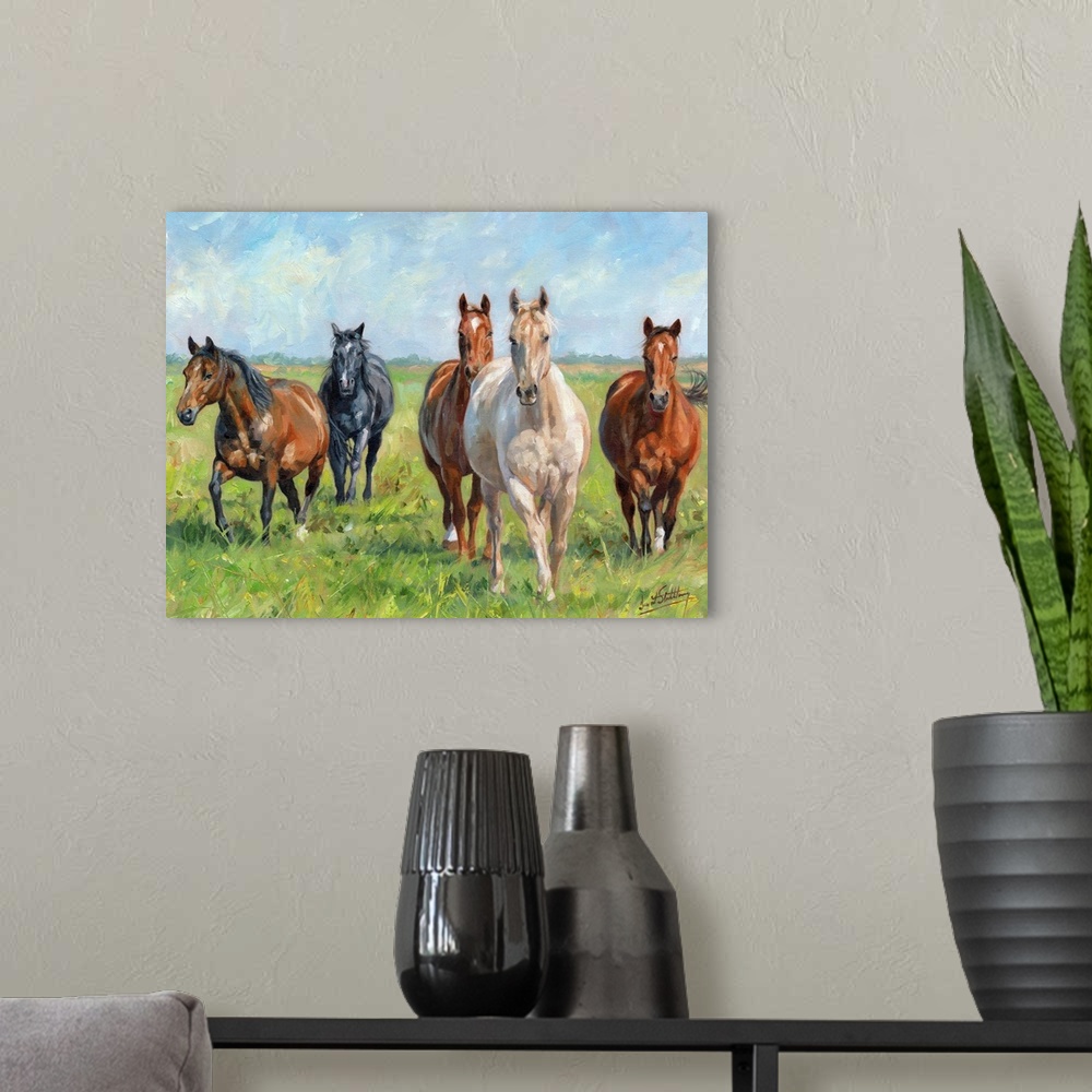 A modern room featuring Contemporary painting of a small group of horses in a lush green field.