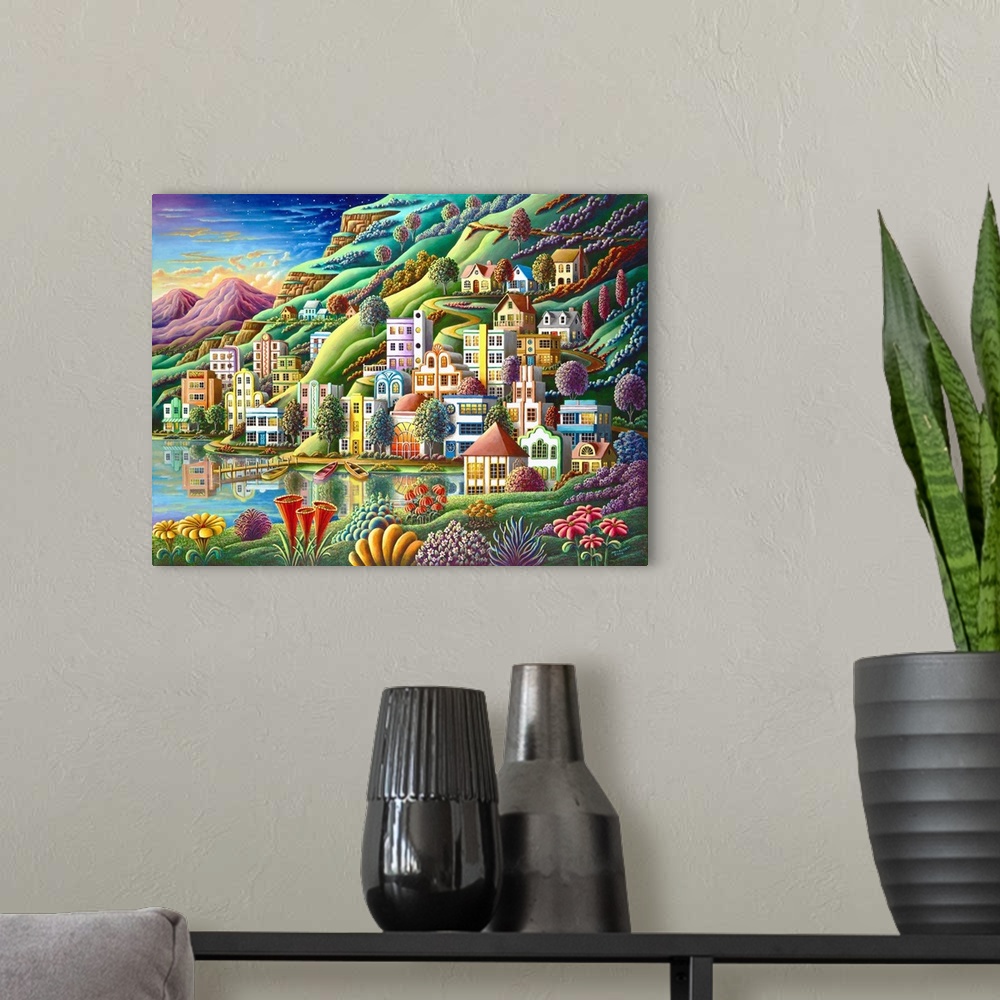 A modern room featuring Contemporary painting of a village on a lake surrounded by vivid colorful foliage.