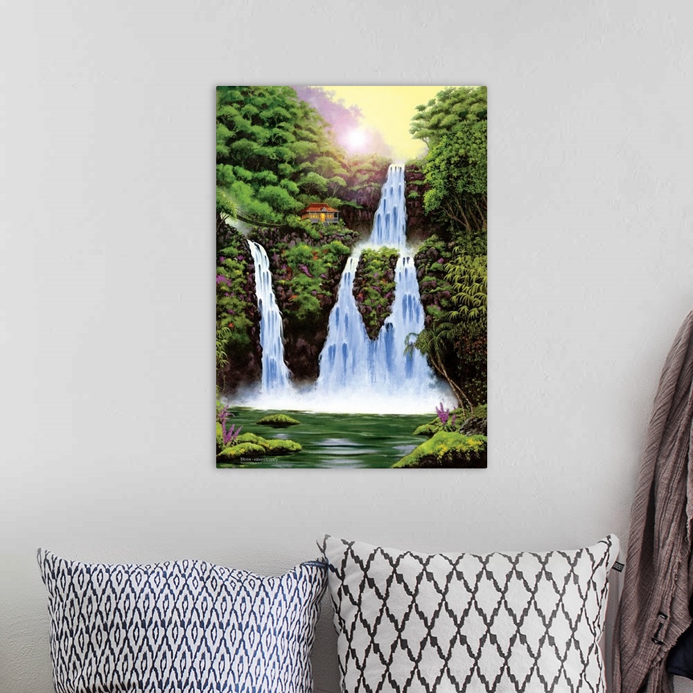 A bohemian room featuring Contemporary painting of a waterfall surrounded lush jungle.
