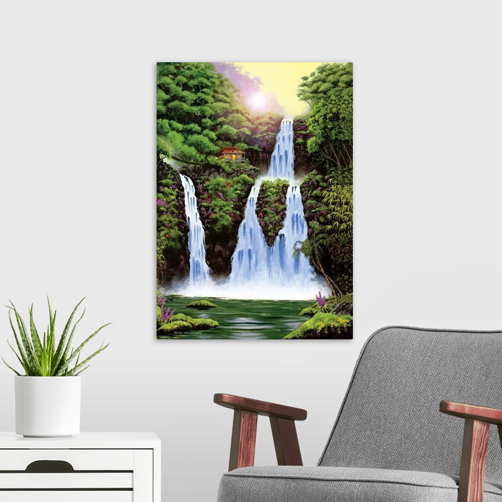 A modern room featuring Contemporary painting of a waterfall surrounded lush jungle.