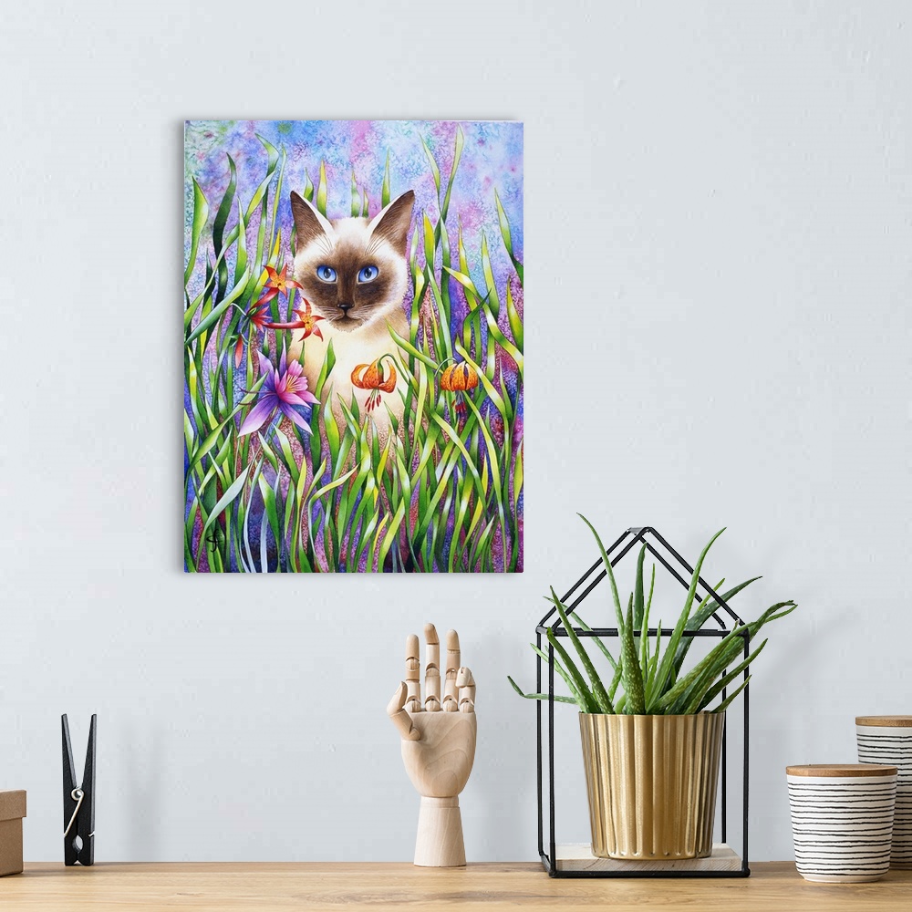 A bohemian room featuring Artwork of a cat doing some exploring through tall colorful grass and flowers.
