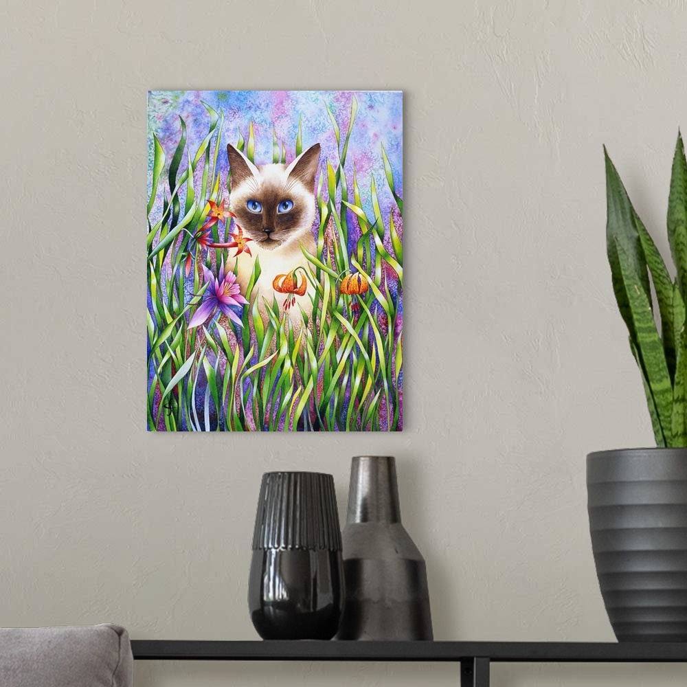 A modern room featuring Artwork of a cat doing some exploring through tall colorful grass and flowers.