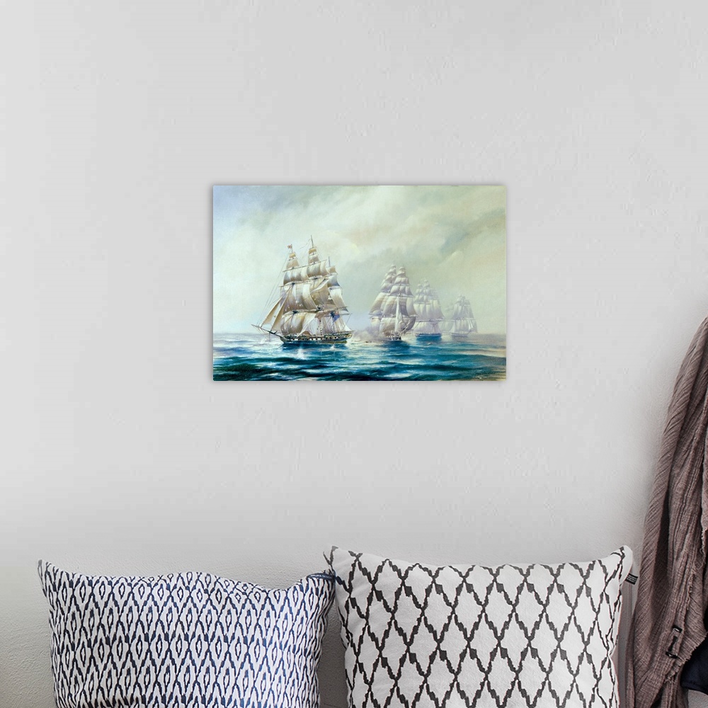 A bohemian room featuring Painting of a fleet of naval vessels traversing the open sea.